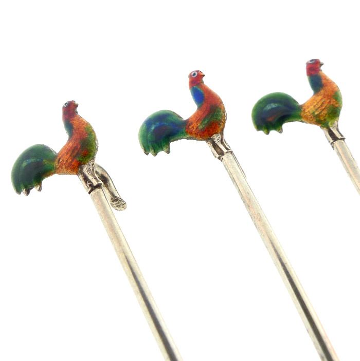 English Art Deco Sterling Silver &amp; Enamel Rooster Cocktail Picks