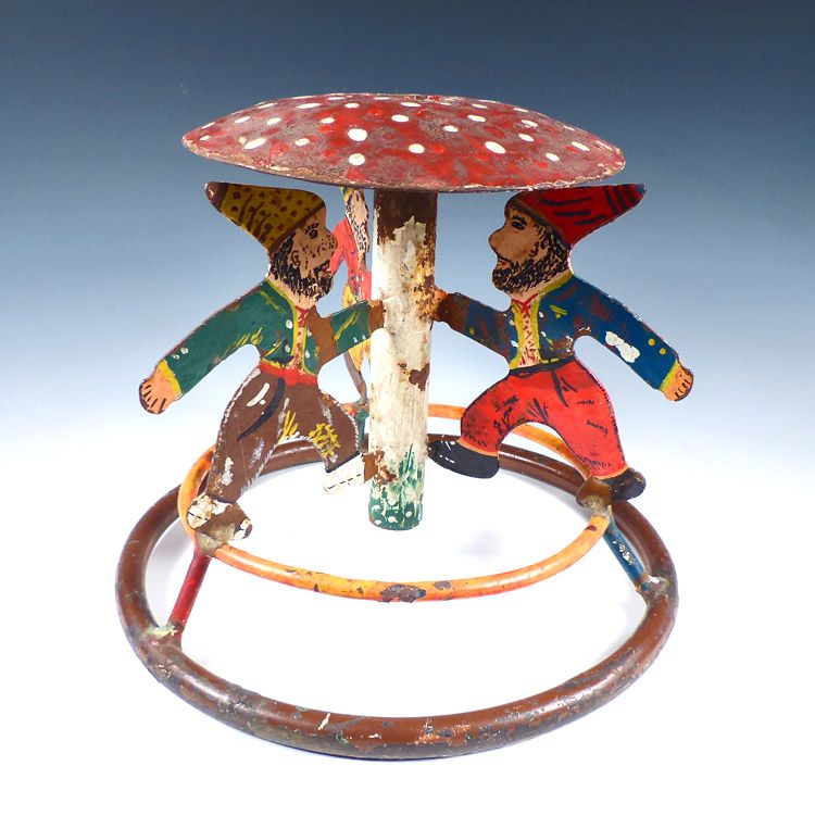 Antique German Christmas Feather Dancing Gnomes &amp; Mushroom Tree Stand