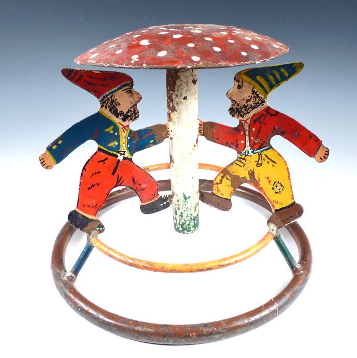 Antique German Christmas Feather Dancing Gnomes &amp; Mushroom Tree Stand
