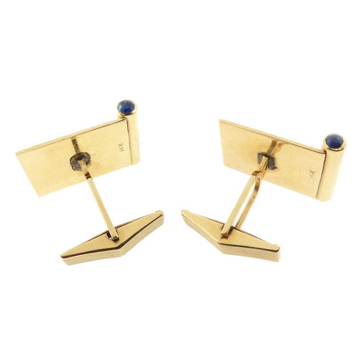 Vintage 14K Yellow Sunburst Gold &amp; Blue Sapphire Cufflinks