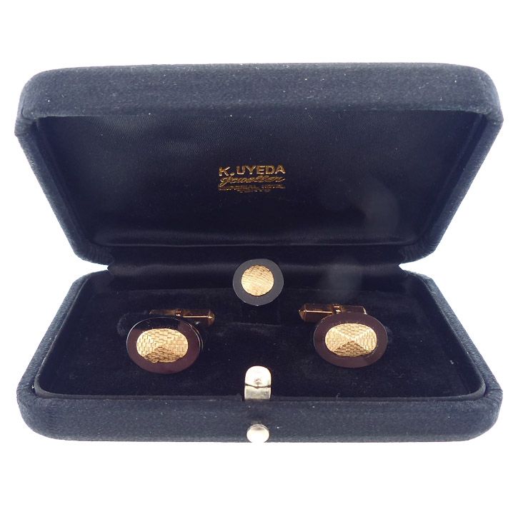 Vintage K Uyeda 14K Gold &amp; Onyx Cufflinks &amp; Tie Pin