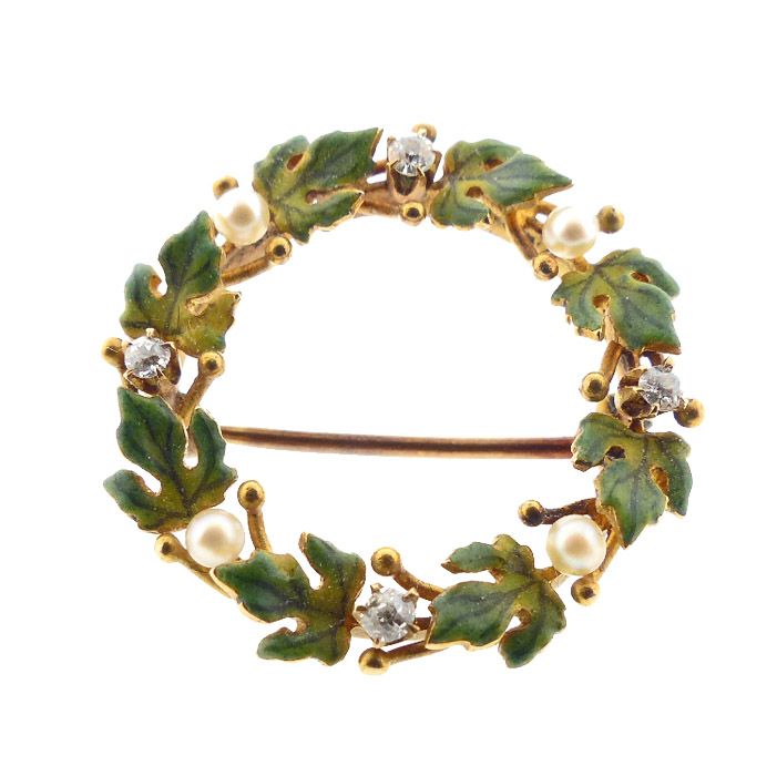 Krementz Nouveau 14K Enamel Diamond Pearl Wreath Pin