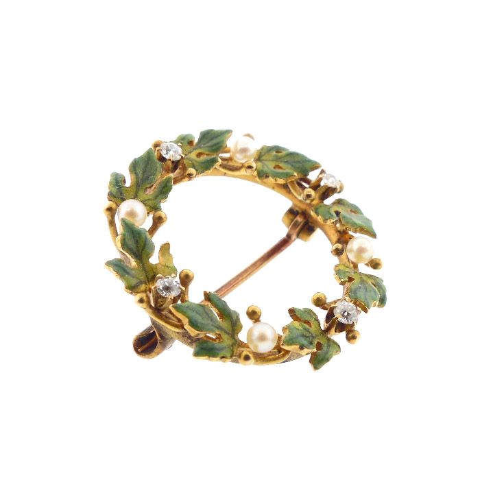 Krementz Nouveau 14K Enamel Diamond Pearl Wreath Pin