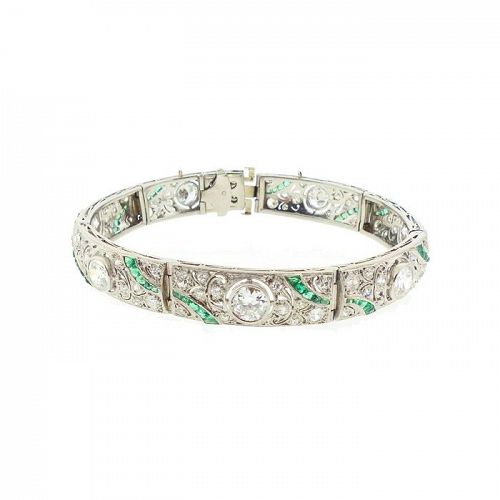 French Art Deco Platinum, Diamond & Emerald Bracelet