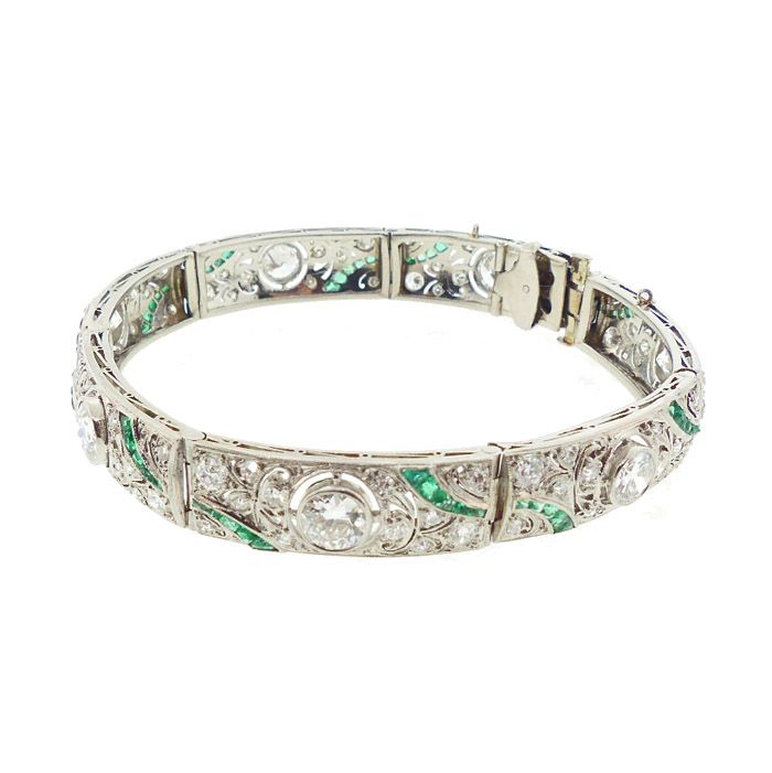 French Art Deco Platinum, Diamond &amp; Emerald Bracelet