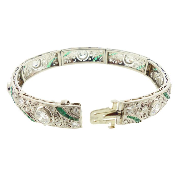 French Art Deco Platinum, Diamond &amp; Emerald Bracelet