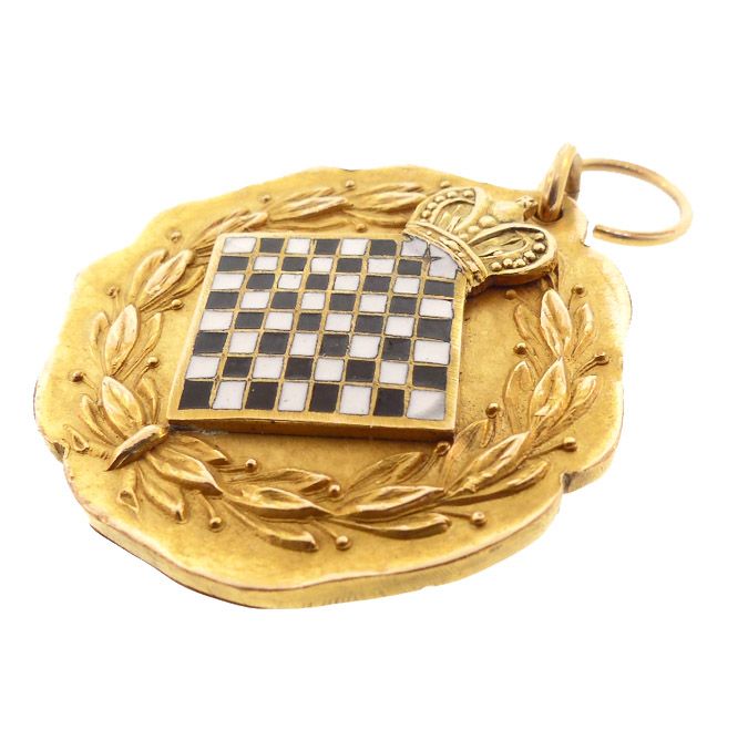 Historic 10K Gold &amp; Enamel Chess Championship Gold Medal / Charm