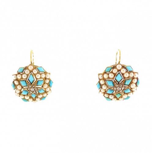 Victorian 14K Gold, Persian Turquoise, Diamond & Pearl Earrings