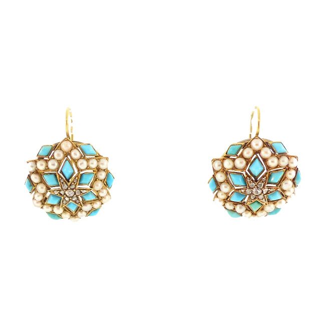 Victorian 14K Gold, Persian Turquoise, Diamond & Pearl Earrings