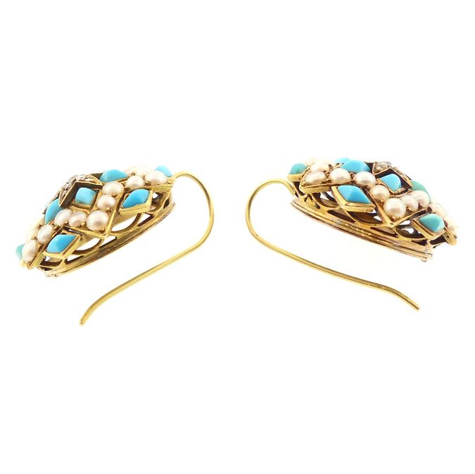 Victorian 14K Gold, Persian Turquoise, Diamond &amp; Pearl Earrings