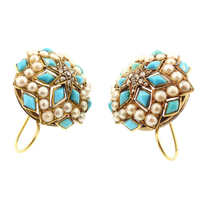 Victorian 14K Gold, Persian Turquoise, Diamond &amp; Pearl Earrings