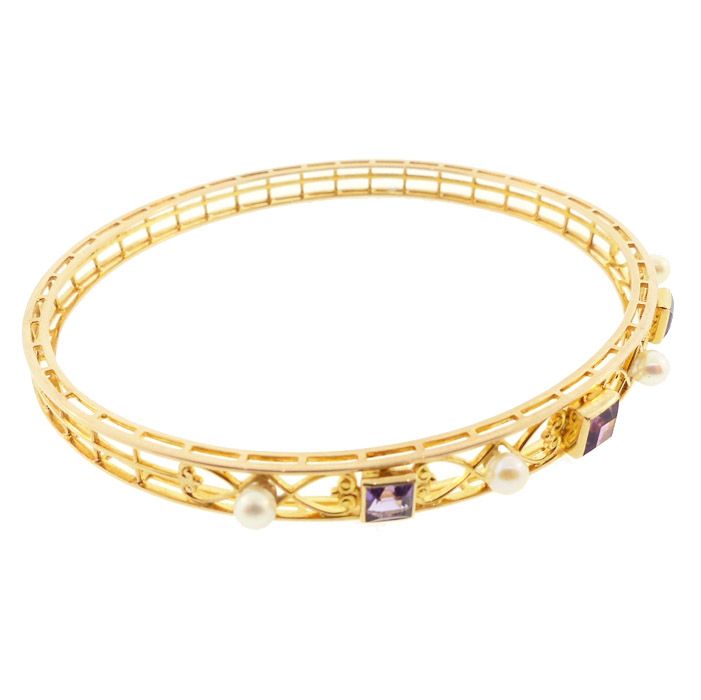 Edwardian 14K Gold, Amethyst &amp; Pearl Bangle Bracelet by Alling &amp; Co.