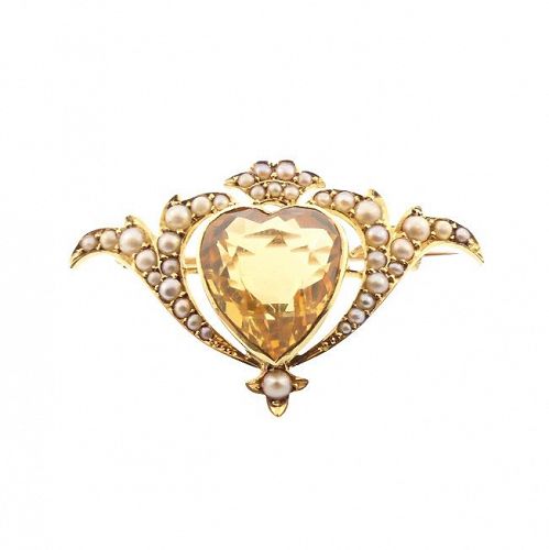 Murrle, Bennett & Co. Art Nouveau 15K Gold Citrine Pearl Crowned Heart