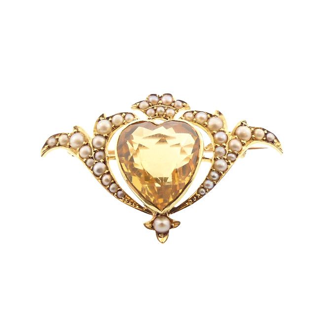 Murrle, Bennett &amp; Co. Art Nouveau 15K Gold Citrine Pearl Crowned Heart