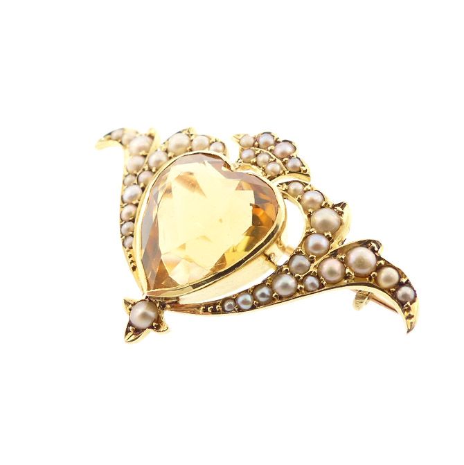 Murrle, Bennett &amp; Co. Art Nouveau 15K Gold Citrine Pearl Crowned Heart