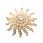 Edwardian 14K Gold Diamond & Seed Pearl Sunburst Pendant / Brooch