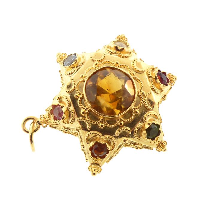 Venetian Etruscan 18K Gold &amp; Mult-Gemstone Star Charm / Pendant