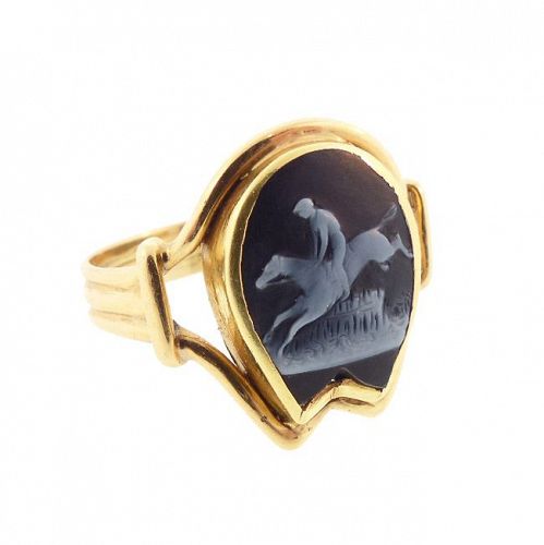 Victorian 18K Gold Onyx Cameo Equestrian Steeplechase Gentleman’s Ring