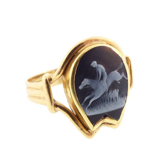 Victorian 18K Gold Onyx Cameo Equestrian Steeplechase Gentleman’s Ring