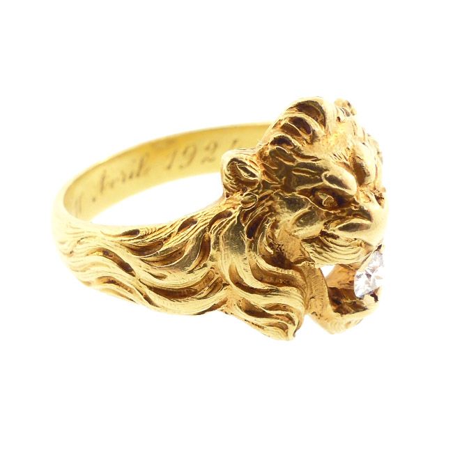 Art Nouveau 18K Gold &amp; Diamond Gentleman’s Lion Ring