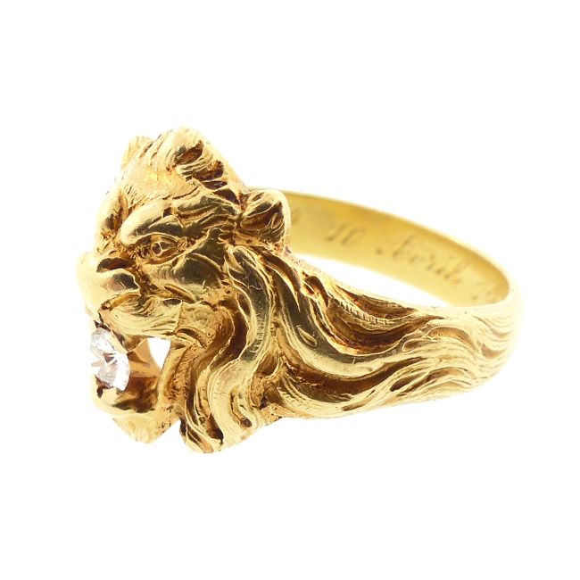 Art Nouveau 18K Gold &amp; Diamond Gentleman’s Lion Ring