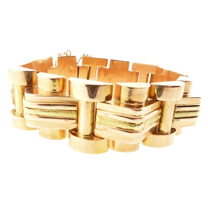 Chunky French Retro 18K Rose &amp; Yellow Gold Tank Bracelet