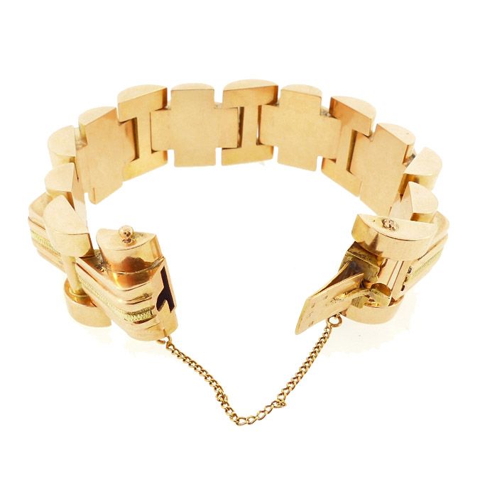 Chunky French Retro 18K Rose &amp; Yellow Gold Tank Bracelet