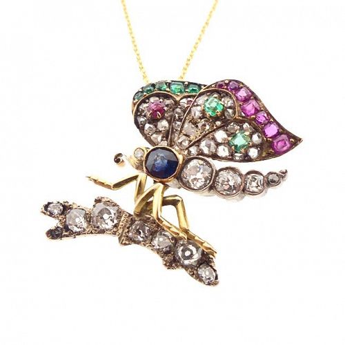 Victorian Diamond, Ruby, Emerald & Sapphire Butterfly Pendant