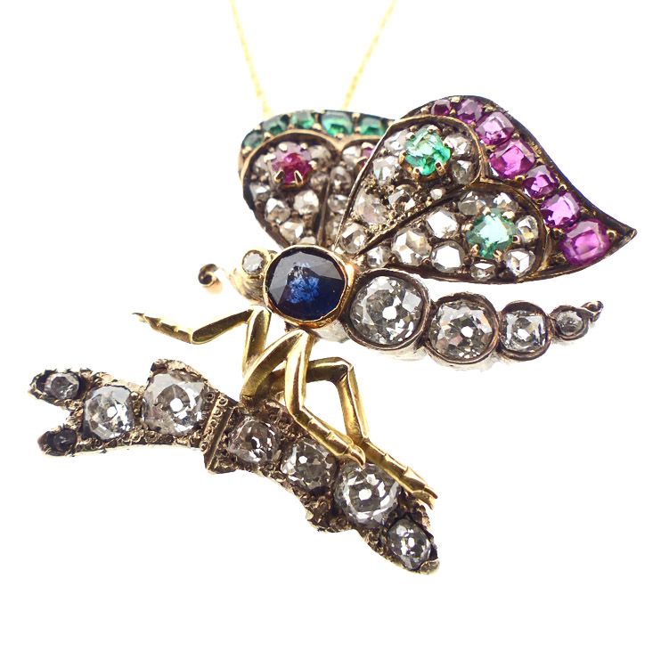 Victorian Diamond, Ruby, Emerald &amp; Sapphire Butterfly Pendant