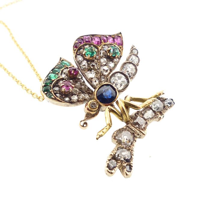 Victorian Diamond, Ruby, Emerald &amp; Sapphire Butterfly Pendant