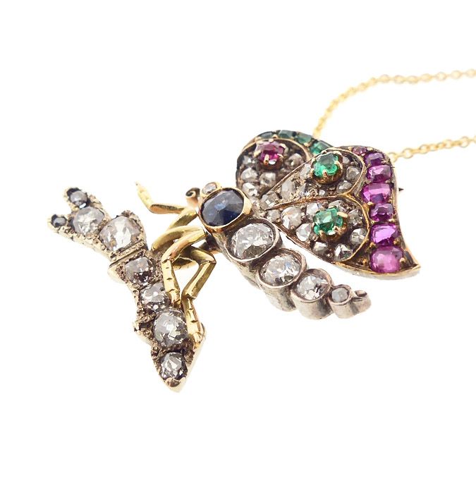 Victorian Diamond, Ruby, Emerald &amp; Sapphire Butterfly Pendant