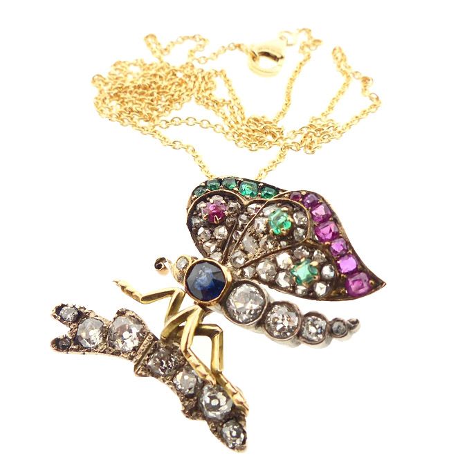 Victorian Diamond, Ruby, Emerald &amp; Sapphire Butterfly Pendant