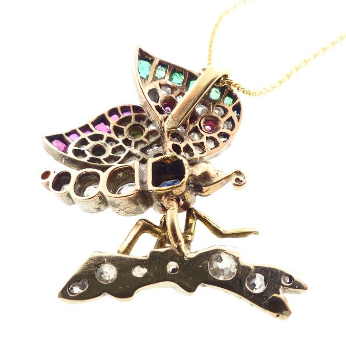 Victorian Diamond, Ruby, Emerald &amp; Sapphire Butterfly Pendant