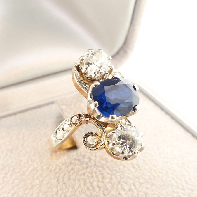 Edwardian 18K Gold, Platinum, Sapphire &amp; Diamond Ring