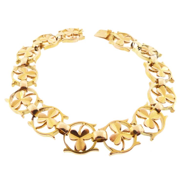 Signed André Kauffer 18K Gold Art Nouveau Three-Leaf Clover Bracelet