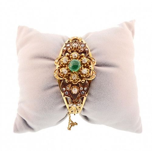 Napoleon III 18K Gold, Diamond & Emerald Hinged Bangle Bracelet