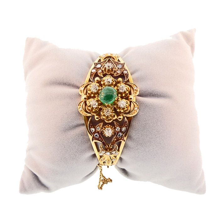 Napoleon III 18K Gold, Diamond &amp; Emerald Hinged Bangle Bracelet