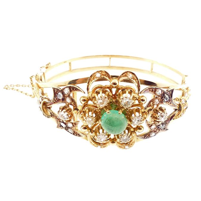 Napoleon III 18K Gold, Diamond &amp; Emerald Hinged Bangle Bracelet