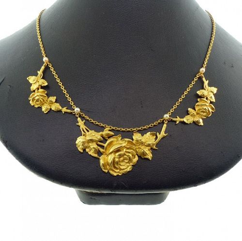 French Art Nouveau 18K Gold & Seed Pearl Rose Blossom Festoon Necklace