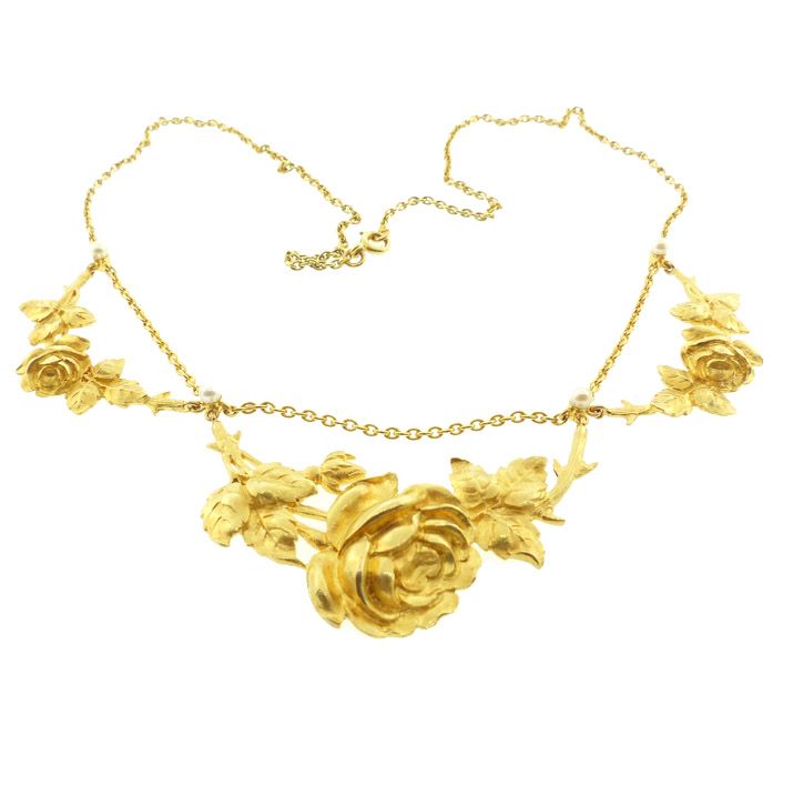 French Art Nouveau 18K Gold &amp; Seed Pearl Rose Blossom Festoon Necklace