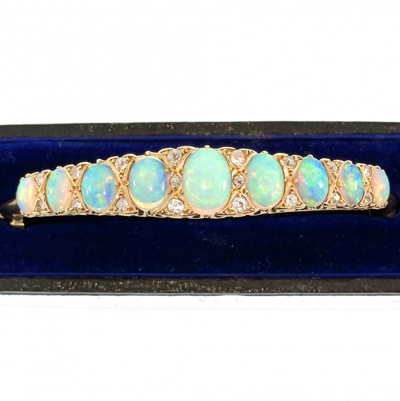 Late Victorian 15K Opal &amp; Diamond Bangle Bracelet