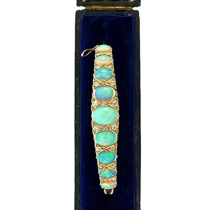 Late Victorian 15K Opal &amp; Diamond Bangle Bracelet