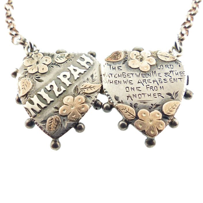 Victorian Silver &amp; Gold Mizpah Heart Pendant Necklace