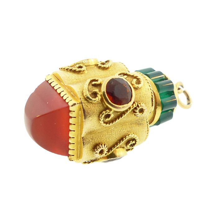 Etruscan Style 18K Gold, Carnelian, Citrine &amp; Chalcedony Charm Pendant