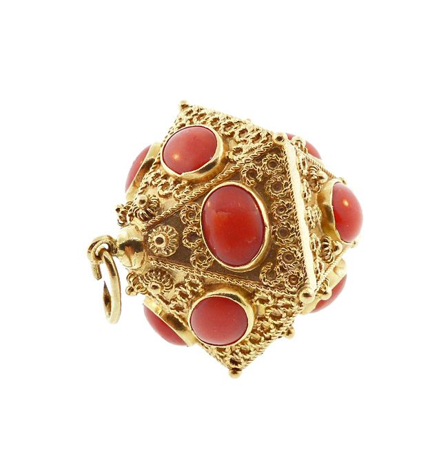 Venetian Etruscan 18K Gold &amp; Coral Large Charm / Pendant