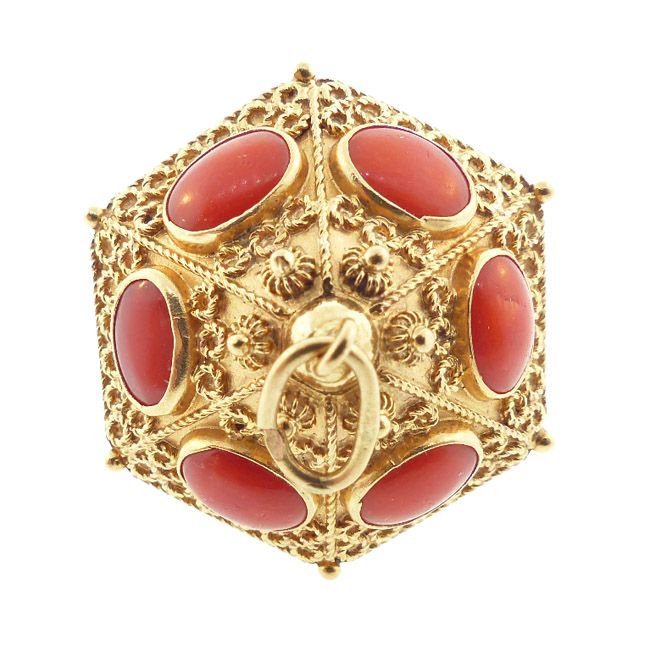 Venetian Etruscan 18K Gold &amp; Coral Large Charm / Pendant