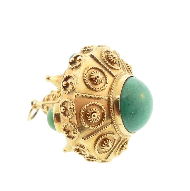 Etruscan 18K Gold &amp; Turquoise Large Charm / Pendant Secret Compartment