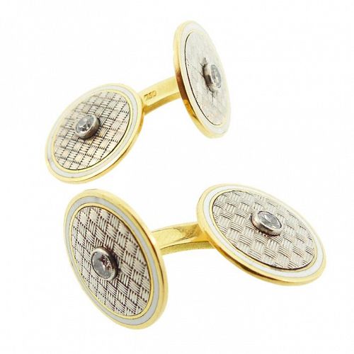 Vintage 18K Gold, Platinum, Diamond & Champleve Enamel Cufflinks