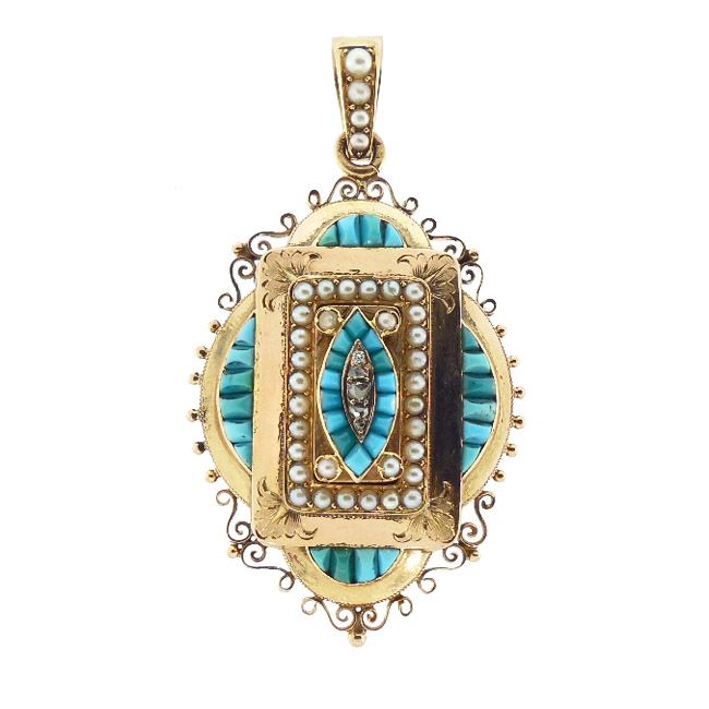 French Victorian 18K Gold, Persian Turquoise, Pearl &amp; Diamond Locket