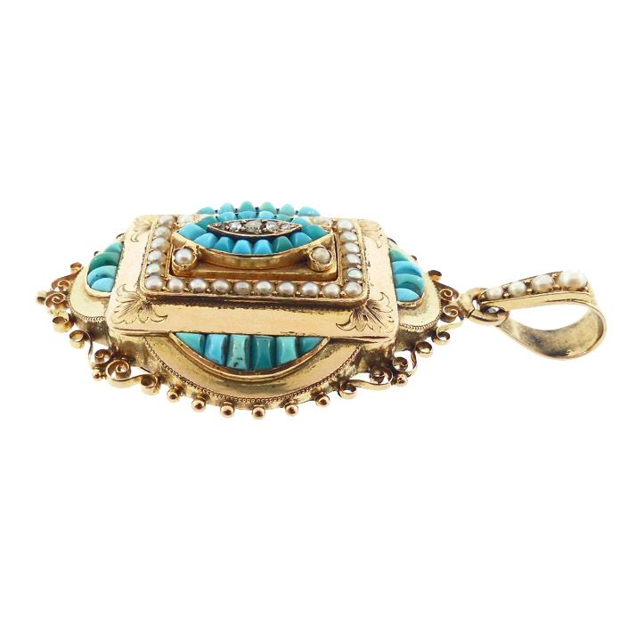 French Victorian 18K Gold, Persian Turquoise, Pearl &amp; Diamond Locket